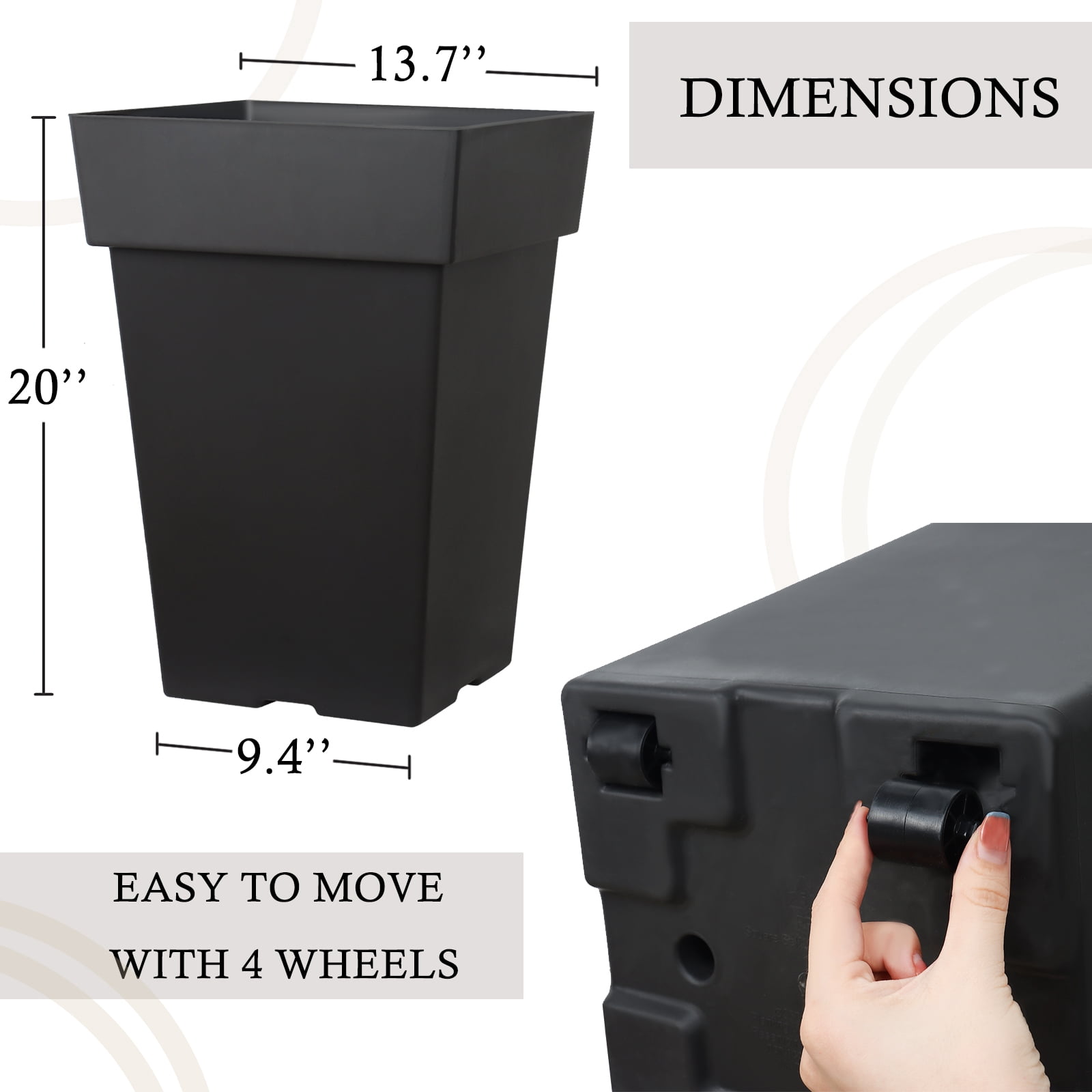 20 Inch Tall Planters for Outdoor Indoor Plants, Set of 2 Large Plastic Plant Pots Flower Pot Outdoor Planter for Front Porch Door Balcony Deck with Drainage, with Removable Wheel, Black 20"