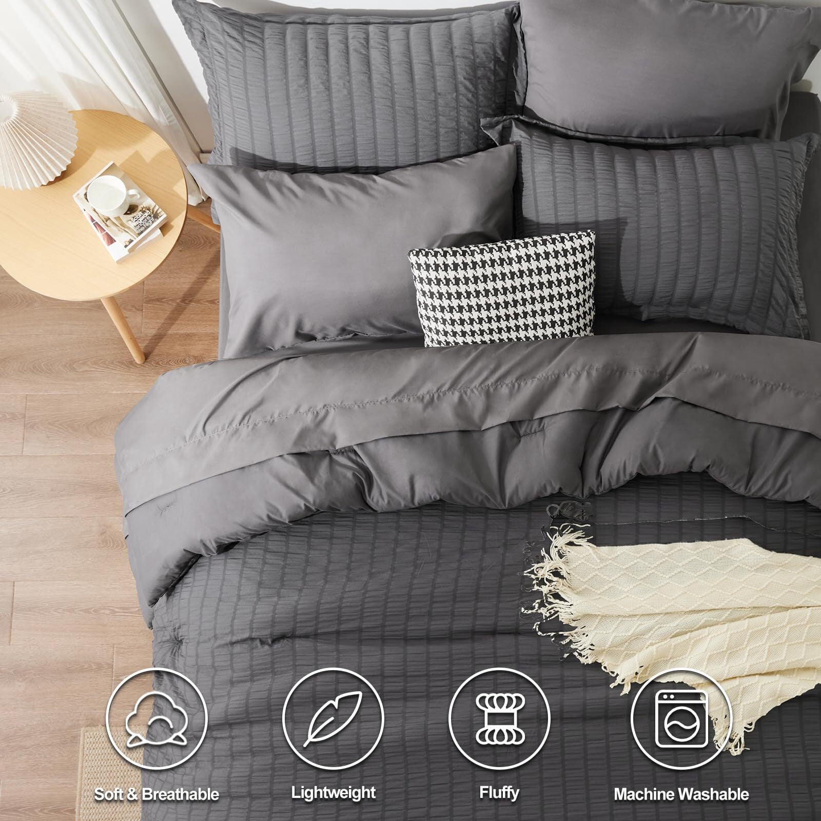 JUSTLET Queen Seersucker Comforter Set with Sheets Dark Grey Bed in a Bag 7-Pieces All Season Bedding Sets with Comforter, Pillow Sham, Flat Sheet, Fitted Sheet, Pillowcase