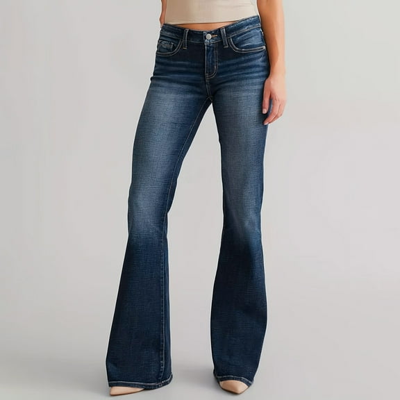 Women's Flare Bell Bottom Jeans Plus Size Ndbuld Women's Embroidered Pocket Low Rise Skinny Denim Pants Blue L