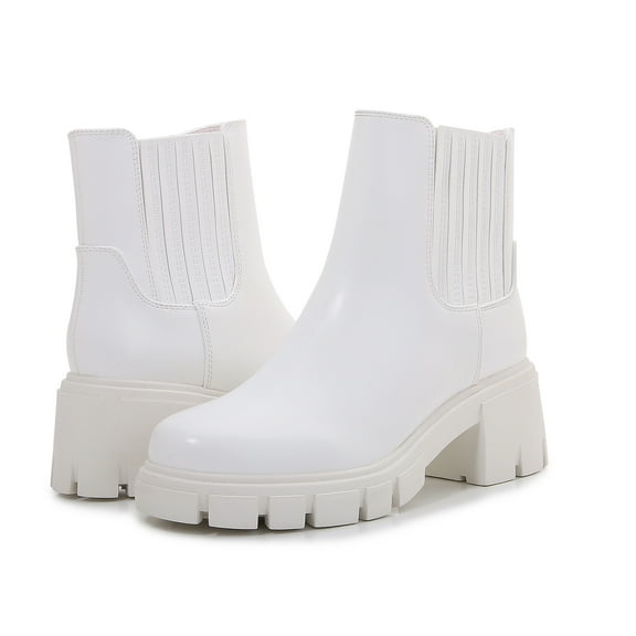 Women PU Leather Chunky Platform Chelsea Boots Zip Up Ankle Booties (White / 10)