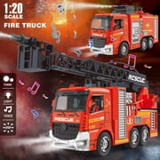 Mostop RC Fire Truck Toy, 2-in-1 Remote Control Rescue Fire Engine Toy, 2.4GHZ Fireman Electric Truck with LED Lights & Music, Red Toy for 3 Year Old Kids