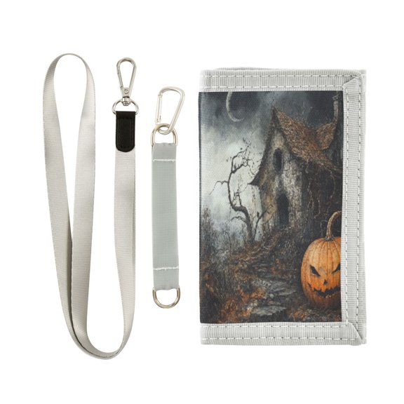 Cloth Wallet with Lanyard & Multiple Compartments Fashion Purse Zipper Clutch Bag for Cash Cards Coins Halloween Pumpkin and Witch's House