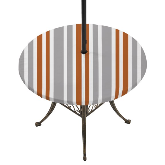 Round Outdoor Tablecloth with Umbrella Hole and Zipper, Orange Grey Stripes Tablecloth with Elastic Waterproof, Simple Striped Lines Minimalist Modern Patio Table Covers for 45" - 54" Pool Tables