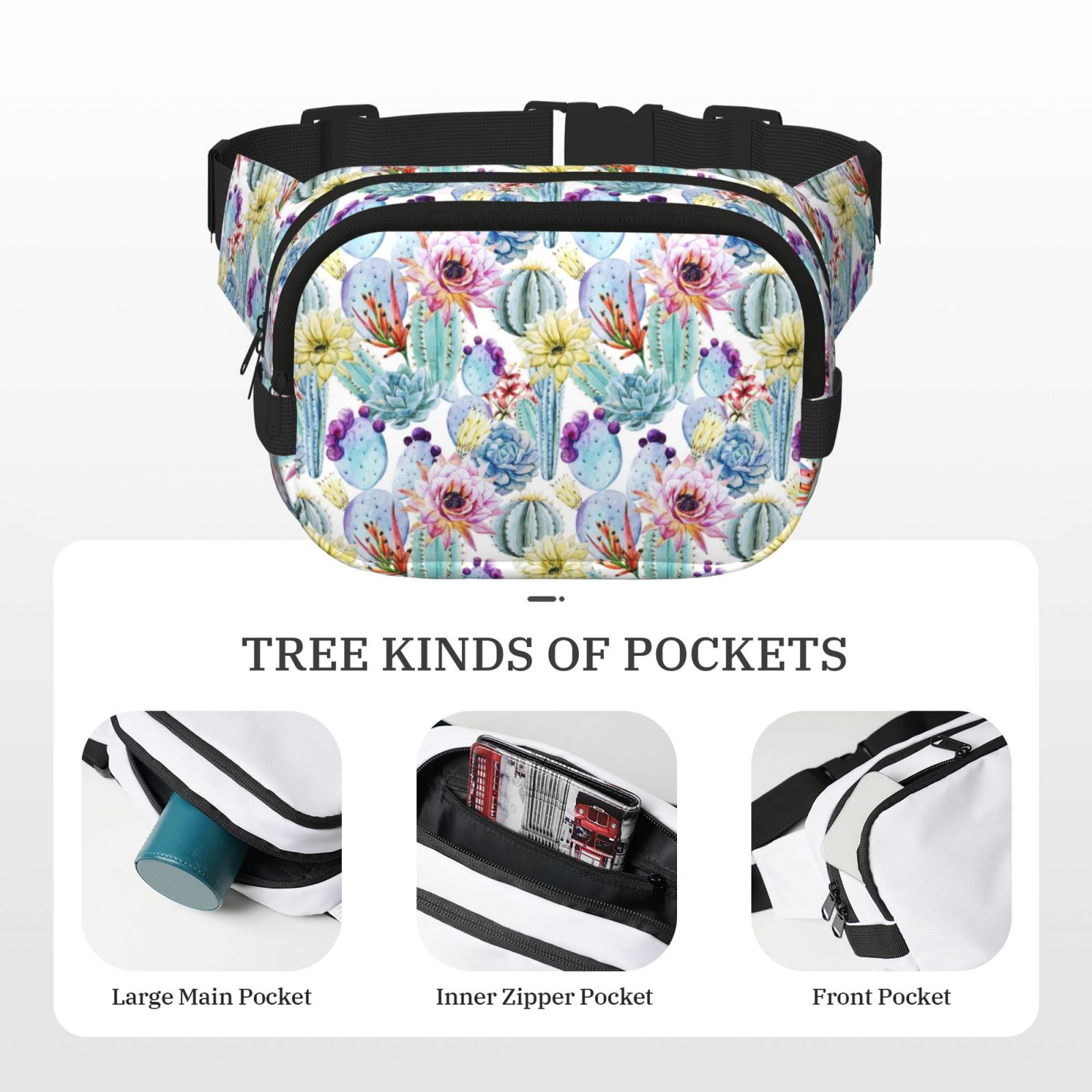 Picia Cactus Print Square Double-Layer Waist Bag Mini Adjustable Waist Belt Bag Exercise Running Travel Hiking