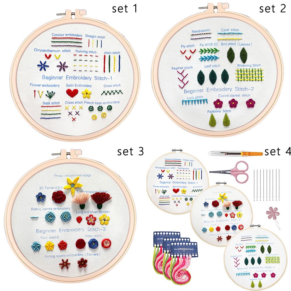 Flowers Home Decoration Handwork DIY Needle Crafts Ribbon Painting Cross  Stitch for Beginners Embroidery Stitch Practice Kit Embroidery Needlework  SET 4 