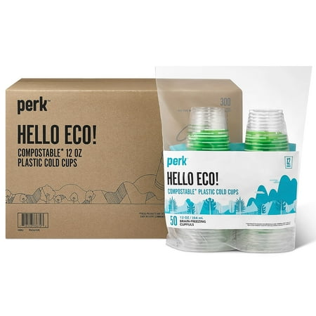 Perk Eco-ID Compostable Plastic Cold Cups 12 oz Clear/Green 300/Carton PK56195