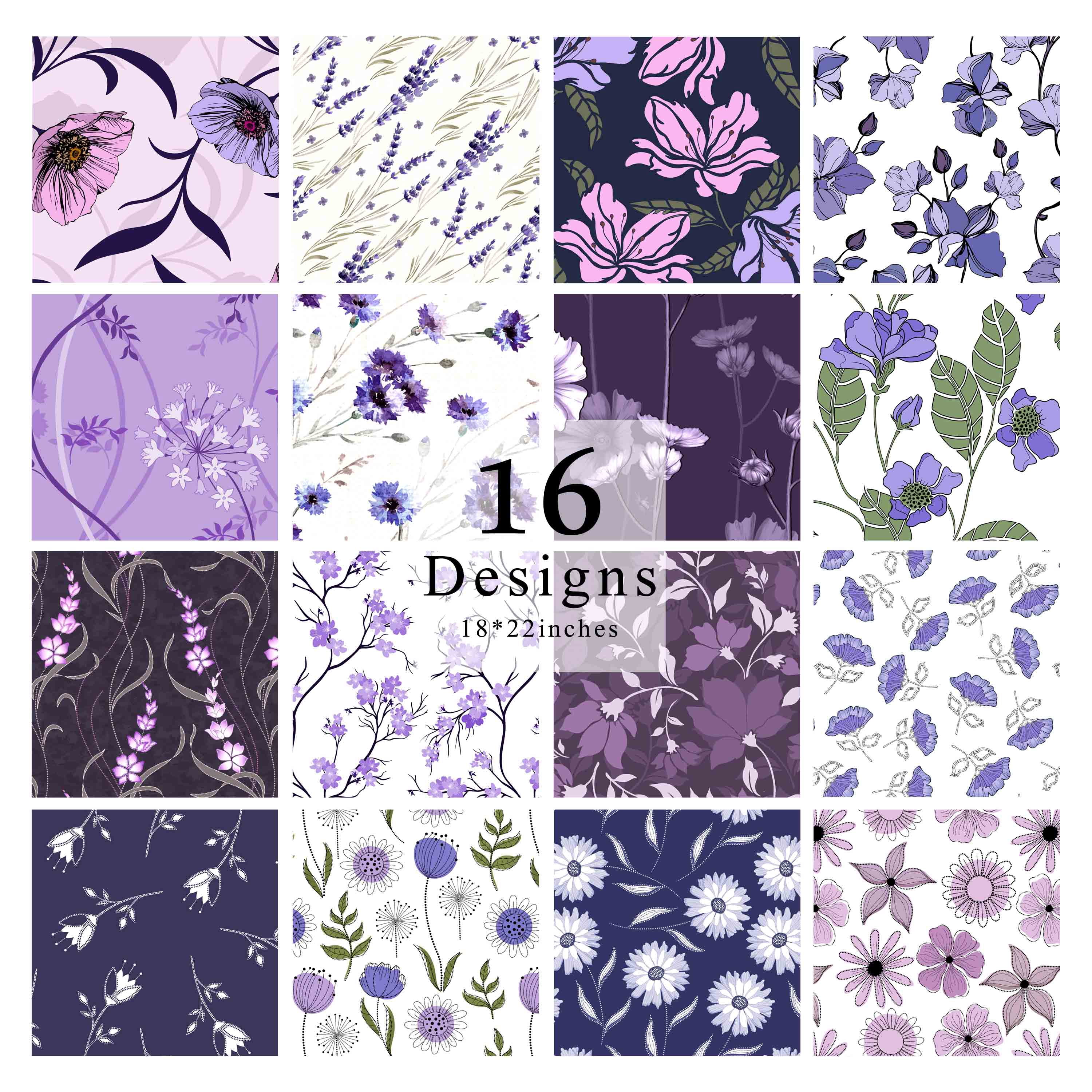 Soimoi 16 Pc Fat Quarter Bundle,FloralPrint 18"x 22"DIY Patchwork-100% CottonPre-Cut Quilting Fabric Purple & White