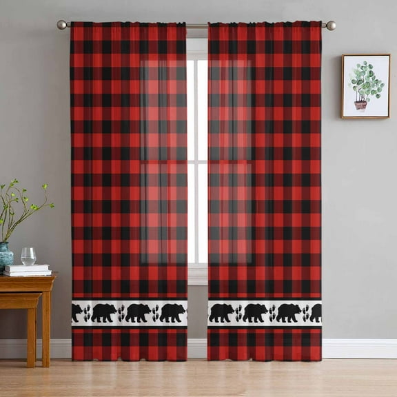 Red Black Plaid Sheer Curtains 63 Inch Length 2 Panels Set for Living Room/Bedroom, Country Vintage Bear Buffalo Gingham Curtain Sheers Drapes Rod Pocket Curtains Window Treatment Set 52''x63''x2