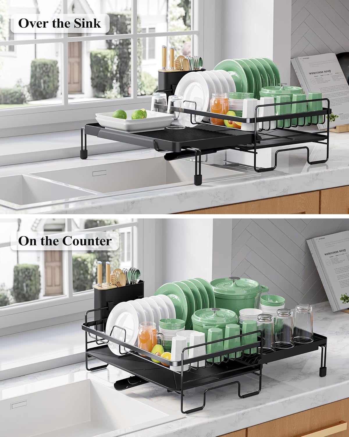 Extendable Dish Drying Rack - Adjustable Length 12.8"–21.0", Auto-Draining Dish Rack for Kitchen Counter, Rust-Resistant Metal Frame Over-Sink Support for Plates, Bowls & Utensils, Grey
