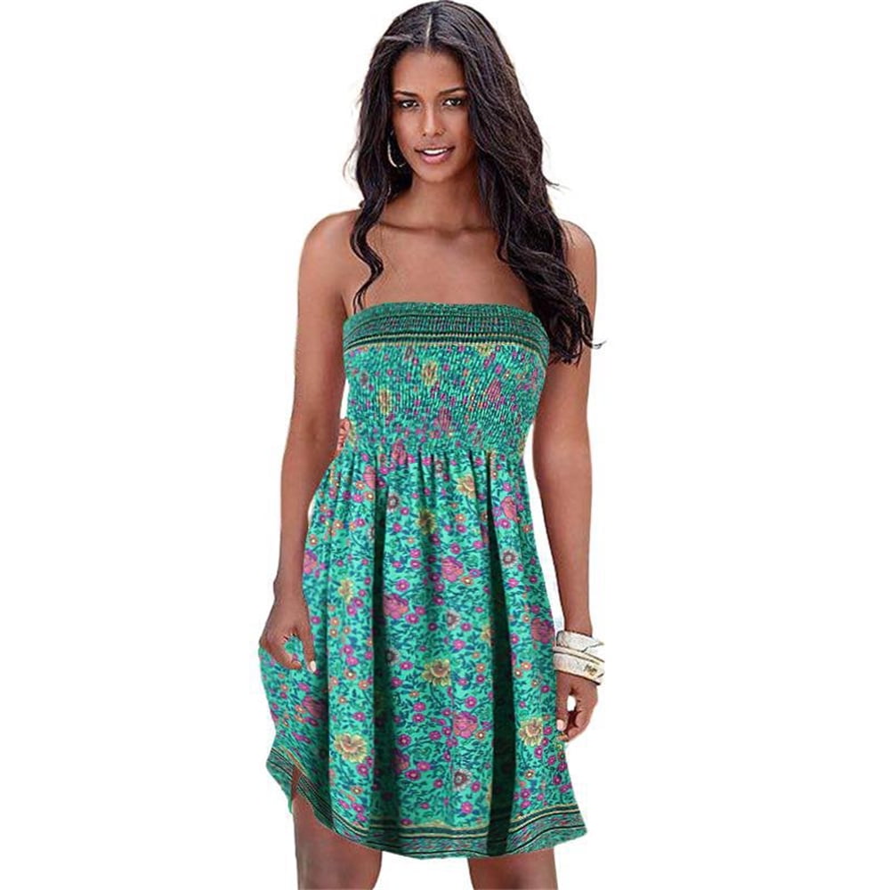 LEZMORE Women's Summer Dress Strapless Floral Print Bohemian Casual