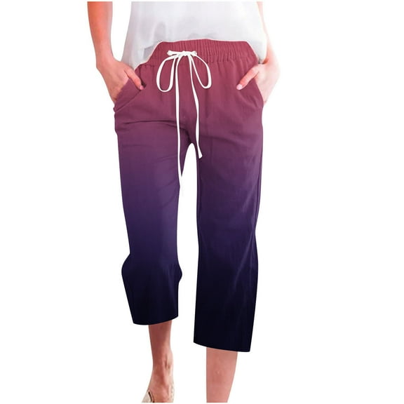 Boho Capri Pants for Women Cotton Linen Summer Casual Straight Leg Capris Gradient Lightweight 3/4 Lounge Pant (X-Large, Wine2)