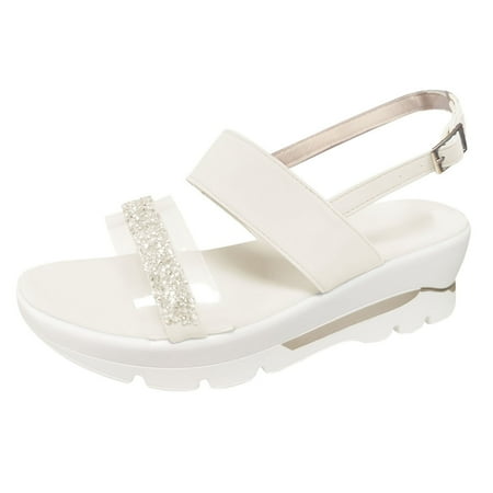 

new home gifts for home Ladies Shoes Summer Solid Color Rhinestone Platform Wedge Buckle Sandals Pu White