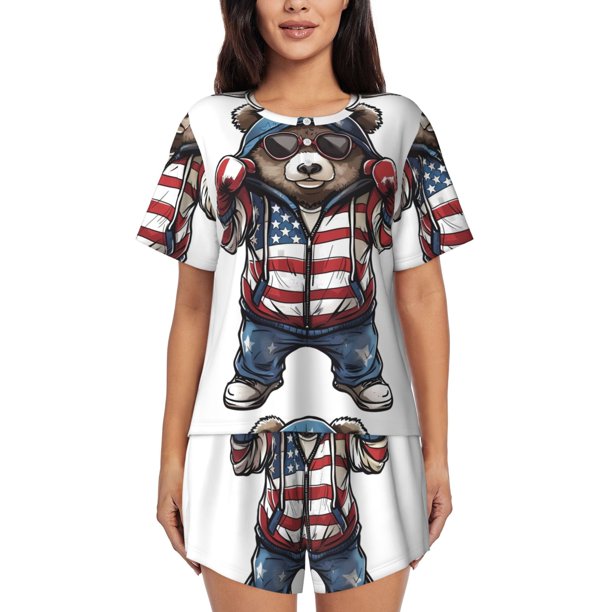 Fotbe Patriotic Boxing Bear Art Conjunto de Pijama Estampado para Mujer, 2 Piezas, Ropa de Dormir con Camiseta de Manga Corta y Shorts Suaves-Medium