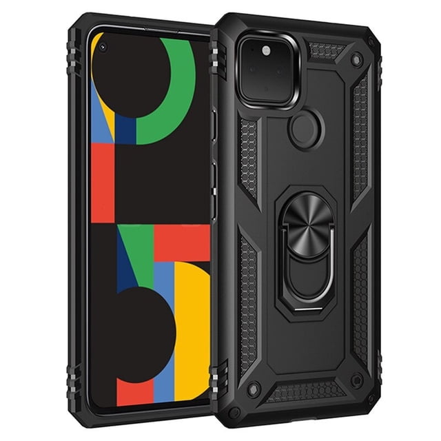 Google Pixel 4a 5G (6.2") Kickstand Rotating Ring Case by Phonesmart, featuring a heavy-duty hybrid design with shock absorption. The case includes a dual-layer bumper made of TPU and polycarbonate for enhanced protection against drops and scratches. It has a 360-degree rotating ring holder for easy carrying and a kickstand for hands-free viewing of movies, videos, and pictures. The magnetic metal plate allows compatibility with magnetic car mount holders (not included). Shown in a rugged black finish with textured details.