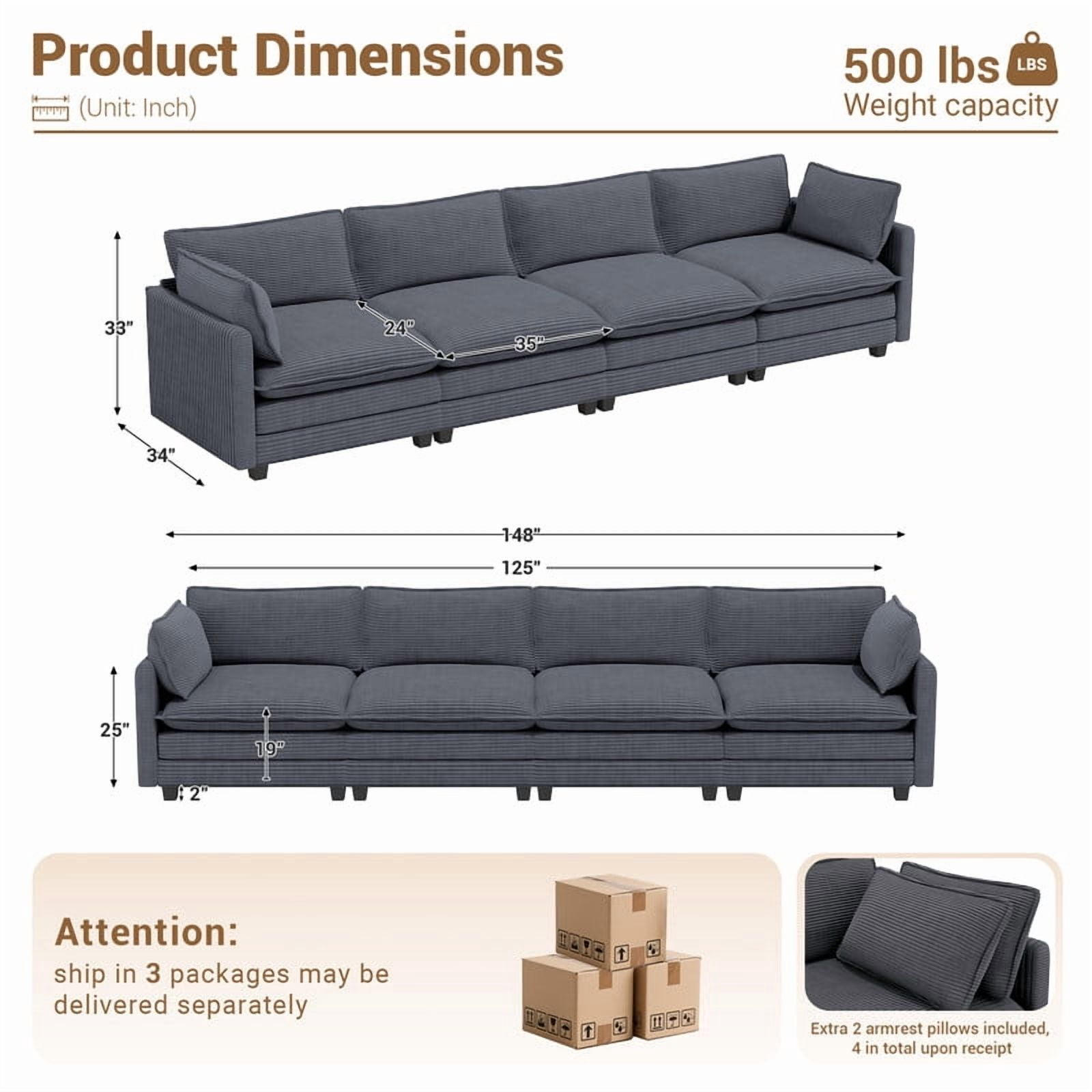 RIAFUN Oversized 4-Seat Modular Corduroy Sectional Cloud Couch, Deep Seat Upholstered Sofa with 2 Throw Pillows, Cozy Living Room Furniture, Dark Gray