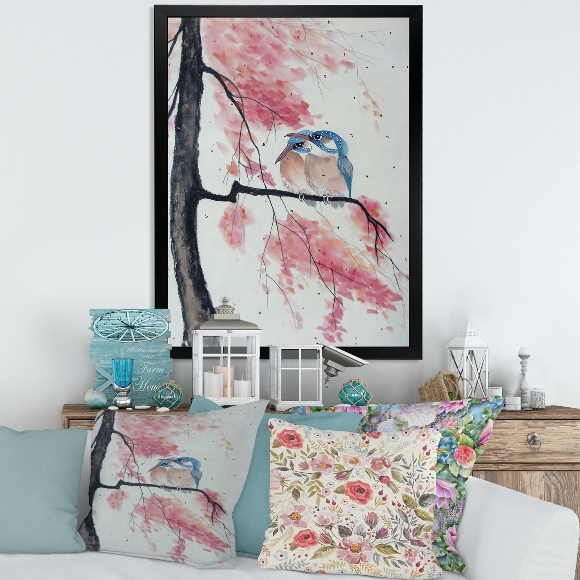 Two Blue Kingfisher Birds Sitting On A Flowering Branch 16 in x 32 in Framed Painting Canvas Art Print, by Designart