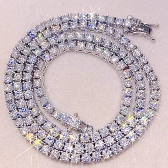 3MM Pretty 20Ct Round Cut Simulated Diamond Wedding Tennis Necklace 14K White Gold Plated 925 Sterling Silver 18"