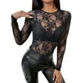 thumbnail image 2 of Womens Mesh Tops JIANLAI Lace Long Sleeve Shirts Crewneck Slim Fitted Outfits See Through Blouses (S-2XL) Black, 2 of 5