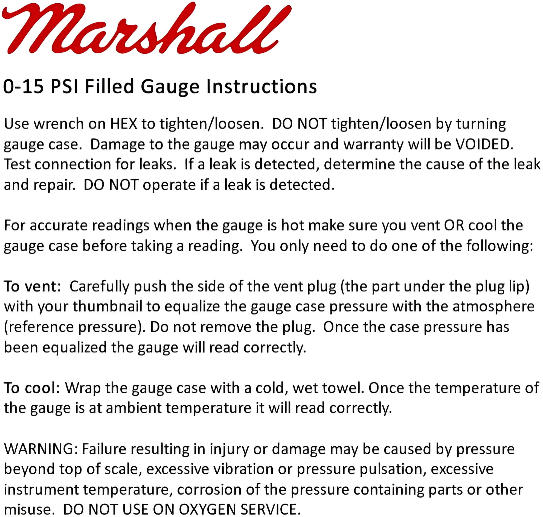 Marshall Gauge 0-15 psi Fuel Pressure Oil Pressure White 1.5" Diameter Liquid