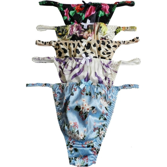 Yavorrs 5pcs Women's Silk G-Strings Thongs Flower Panties Size S M L XL 2XL