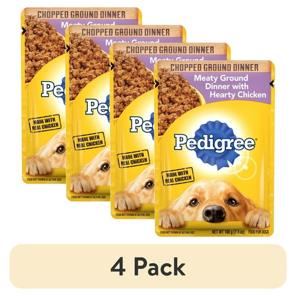 (4 pack) Pedigree Chopped Ground Dinner With Hearty Chicken Adult Soft Wet Dog Food 3.5 oz Pouch