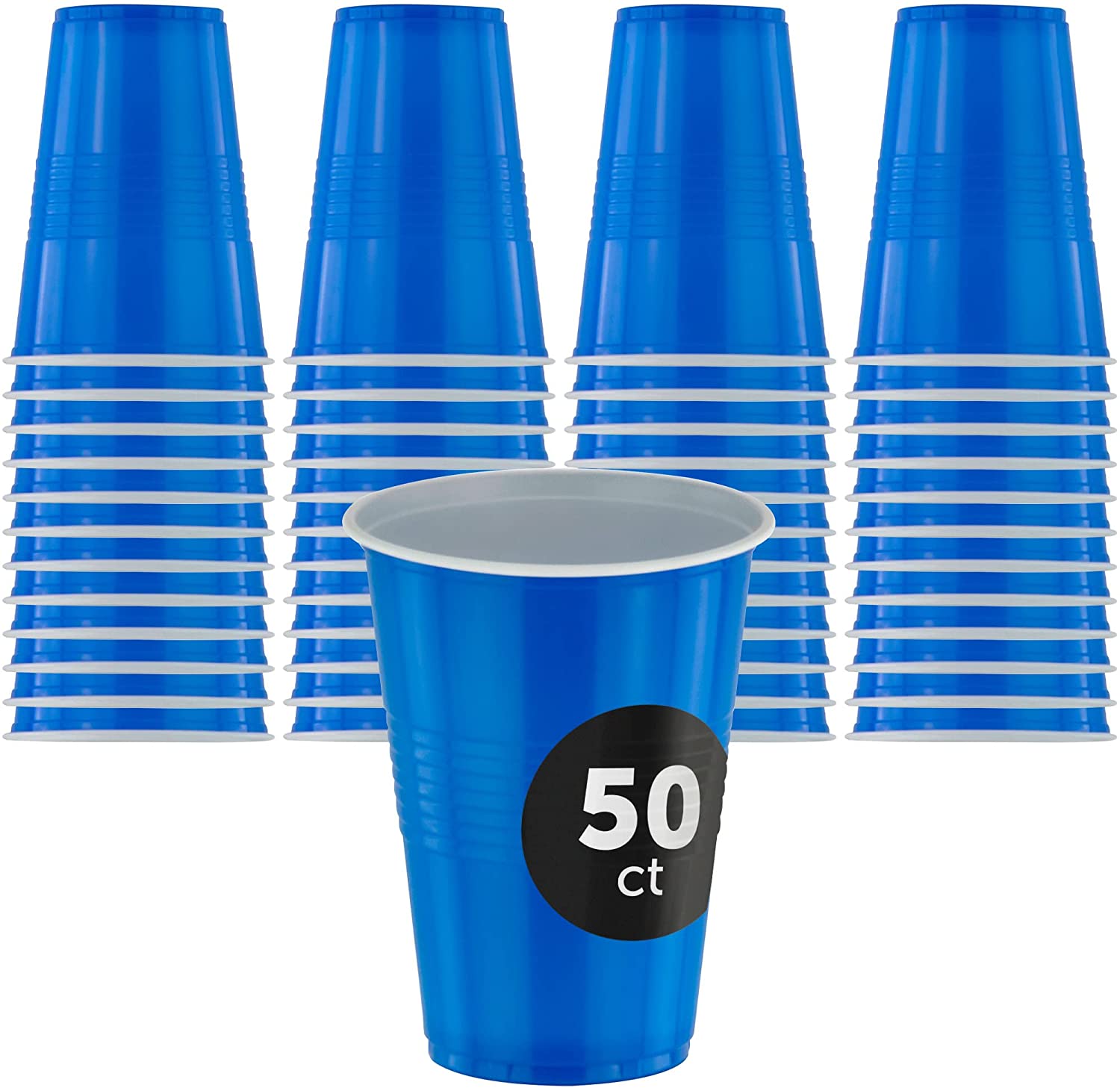 DecorRack 50 Plastic Cups 16 Oz, Large Blue Party Cups, Disposable Bulk