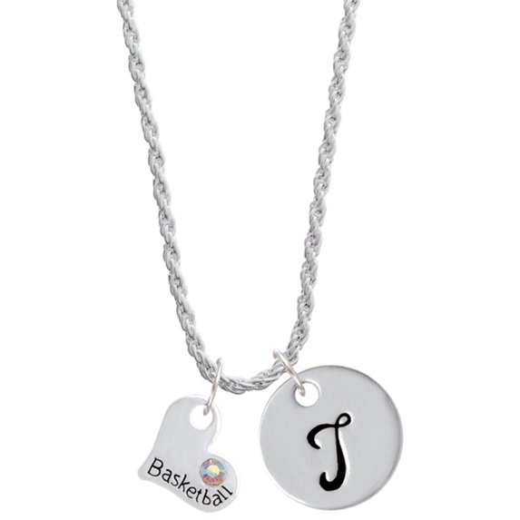 Delight Jewelry Heart with ''Basketball'' and AB Crystal Silvertone Script Initial Disc - T - Charm Necklace, 20"+3"