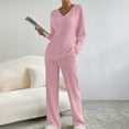 thumbnail image 4 of UQJfacai Womens 2 Piece Ribbed Knit Lounge Set V-Neck Long Sleeve Pullover Sweater Top Wide Leg Pant Fall Winter Pajamas Outfits, 4 of 9