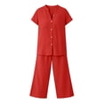 thumbnail image 4 of Women’s 2 Piece Outfit Set Button Short Sleeve Shirt and Drawstring Waist Cropped Wide Leg Capri Pants with Pockets, Light Weight for Daily‑Wear, Vacation and Shopping S-5XL Red, 4 of 6