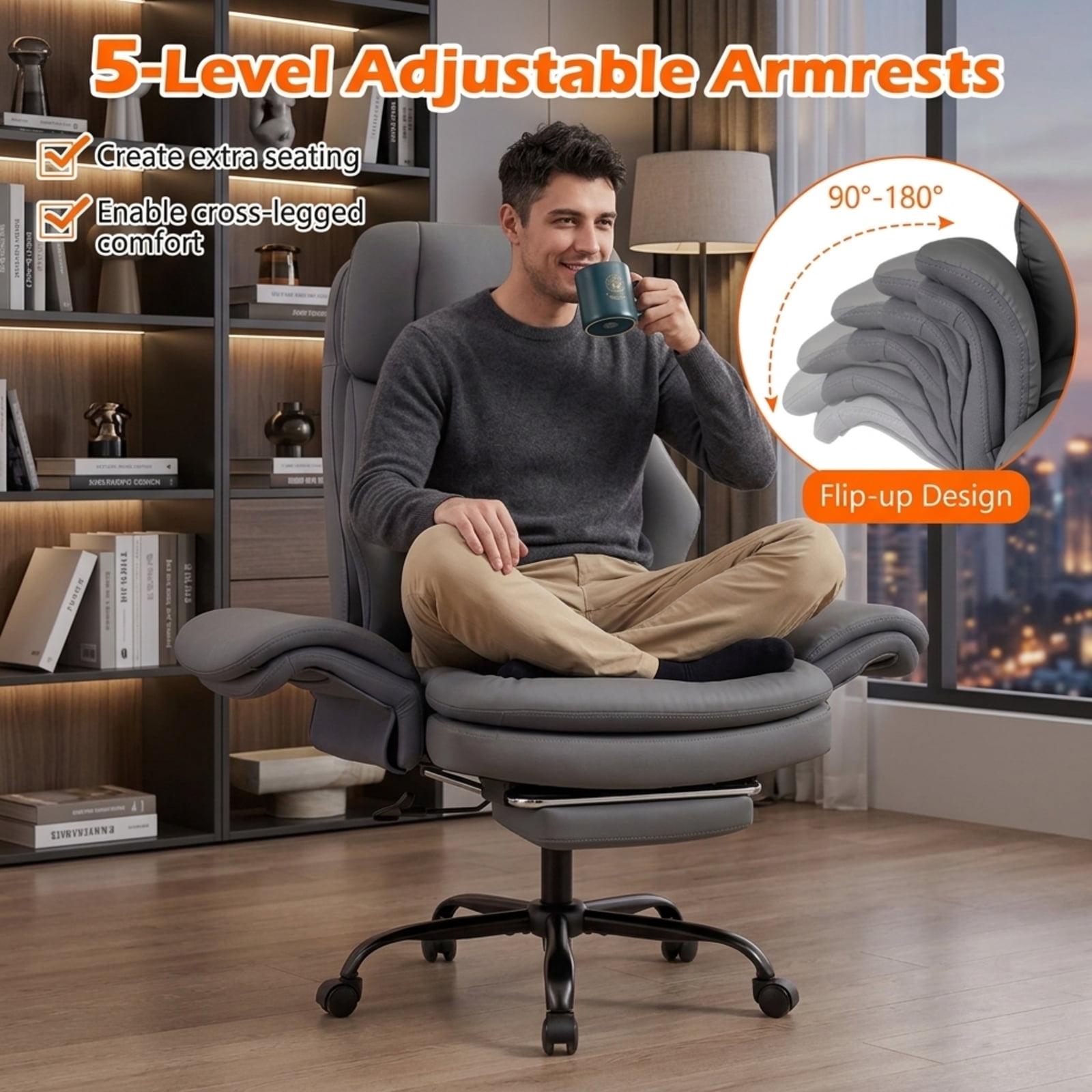 Furnibear Big and Tall Executive Office Chair 500 lbs Ergonomic Cross Legged Computer Chair with Footrest Flip Up Arms and Teddy Fleece, Gray