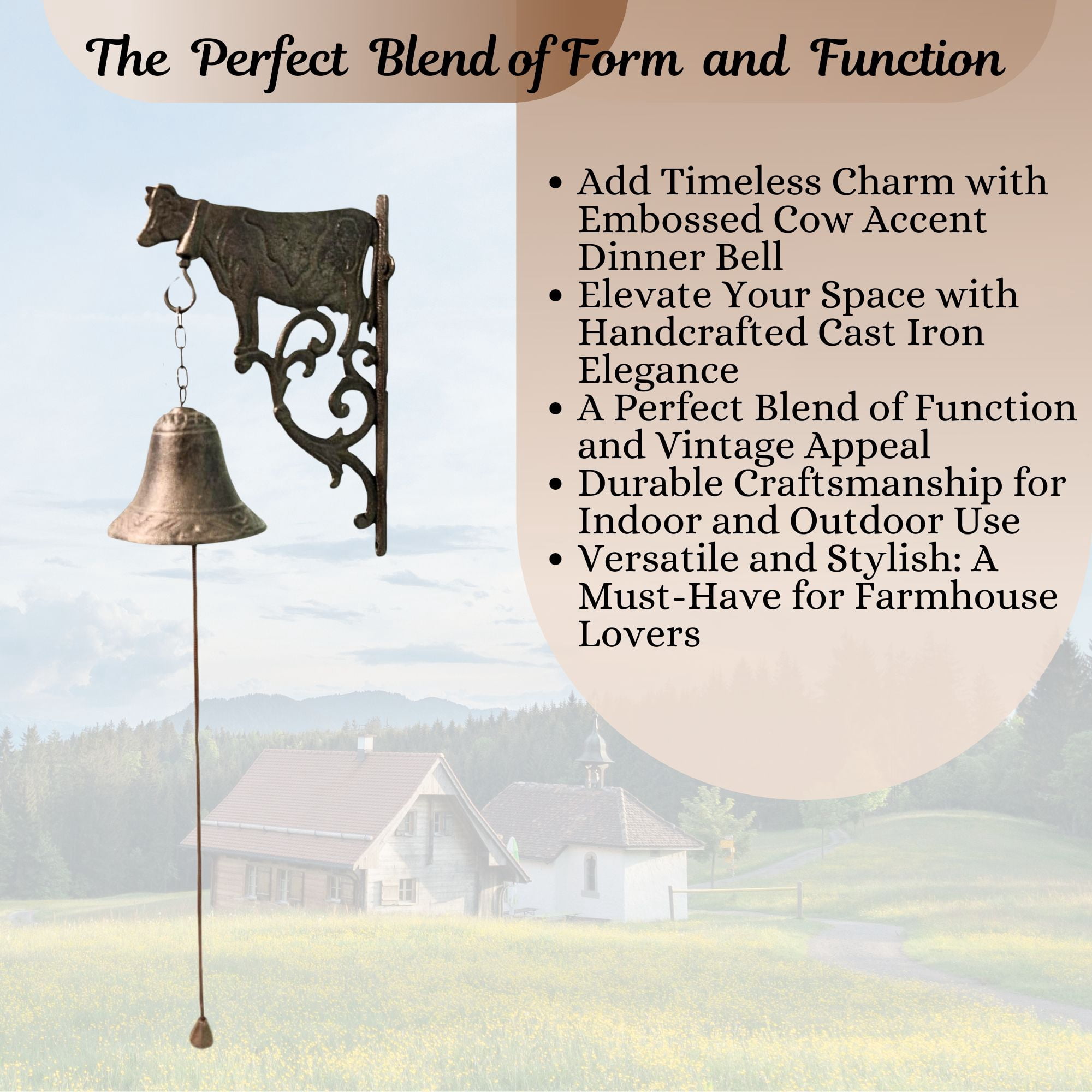 Rustic Cast Iron Wall Bell With Embossed Cow Accent - Vintage Outdoor Dinner Bell - Farmhouse Classic Yard Decor for Countryside or Contemporary Home Styles