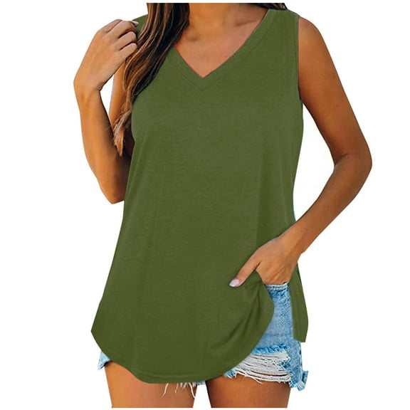 Womens Summer Tank Tops, Sleeveless Shirts for Women Casual Loose Fit Solid Color V Neck Blouses