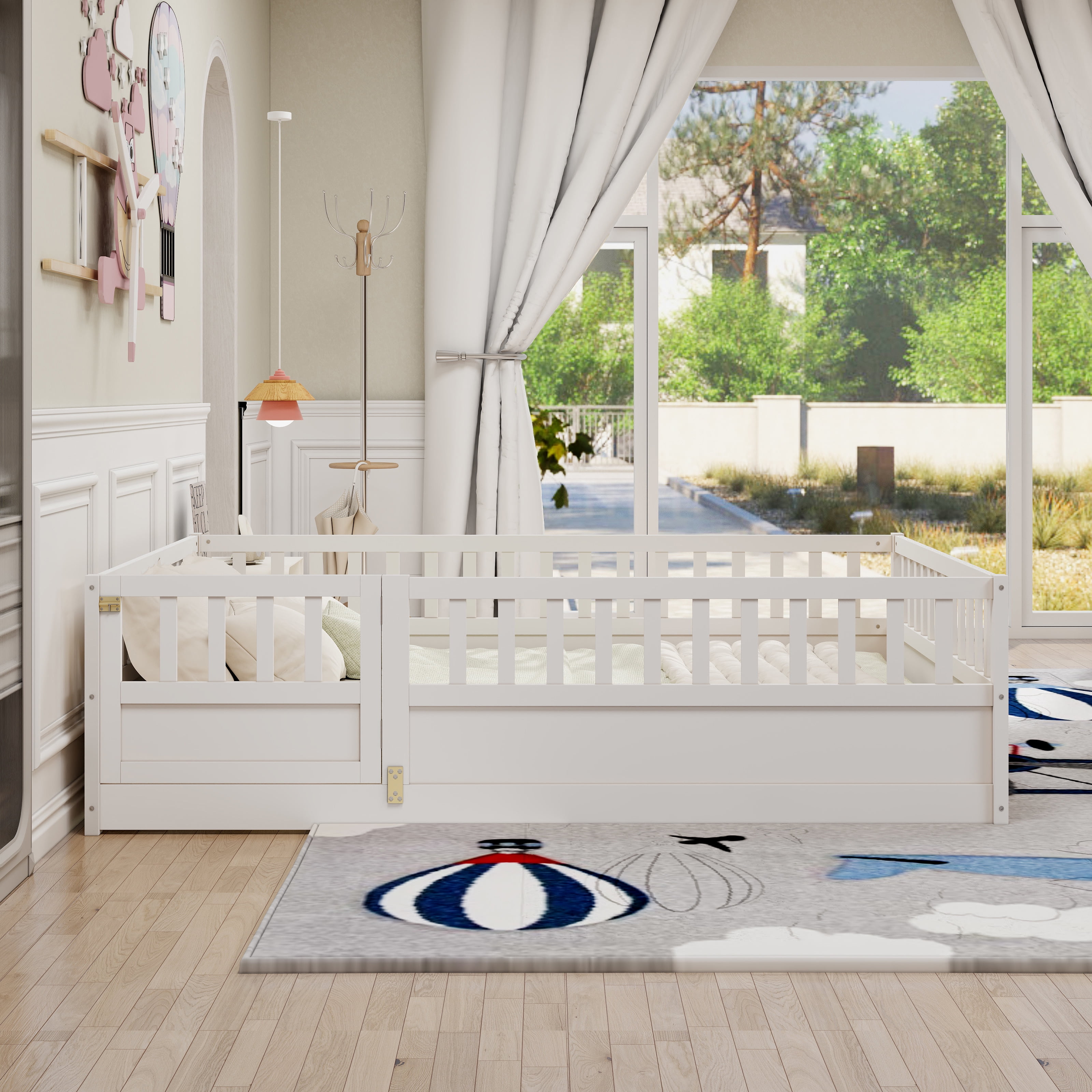 Miniyam Wood Full Size Floor Bed with High Fence, Door, White
