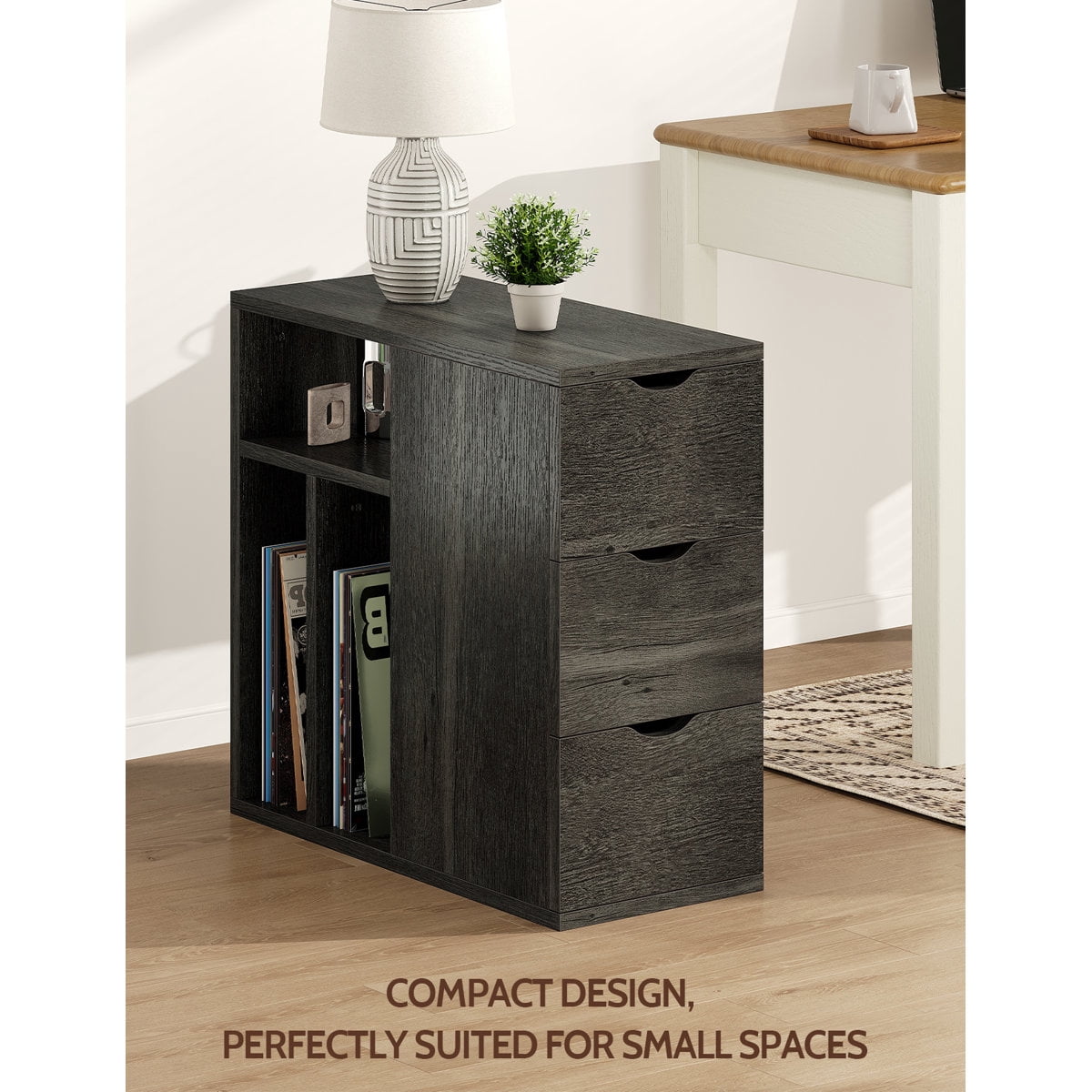 Vividwood Narrow End Table with 3 Drawers and Storage Shelves for Living Room, Bedroom, Black