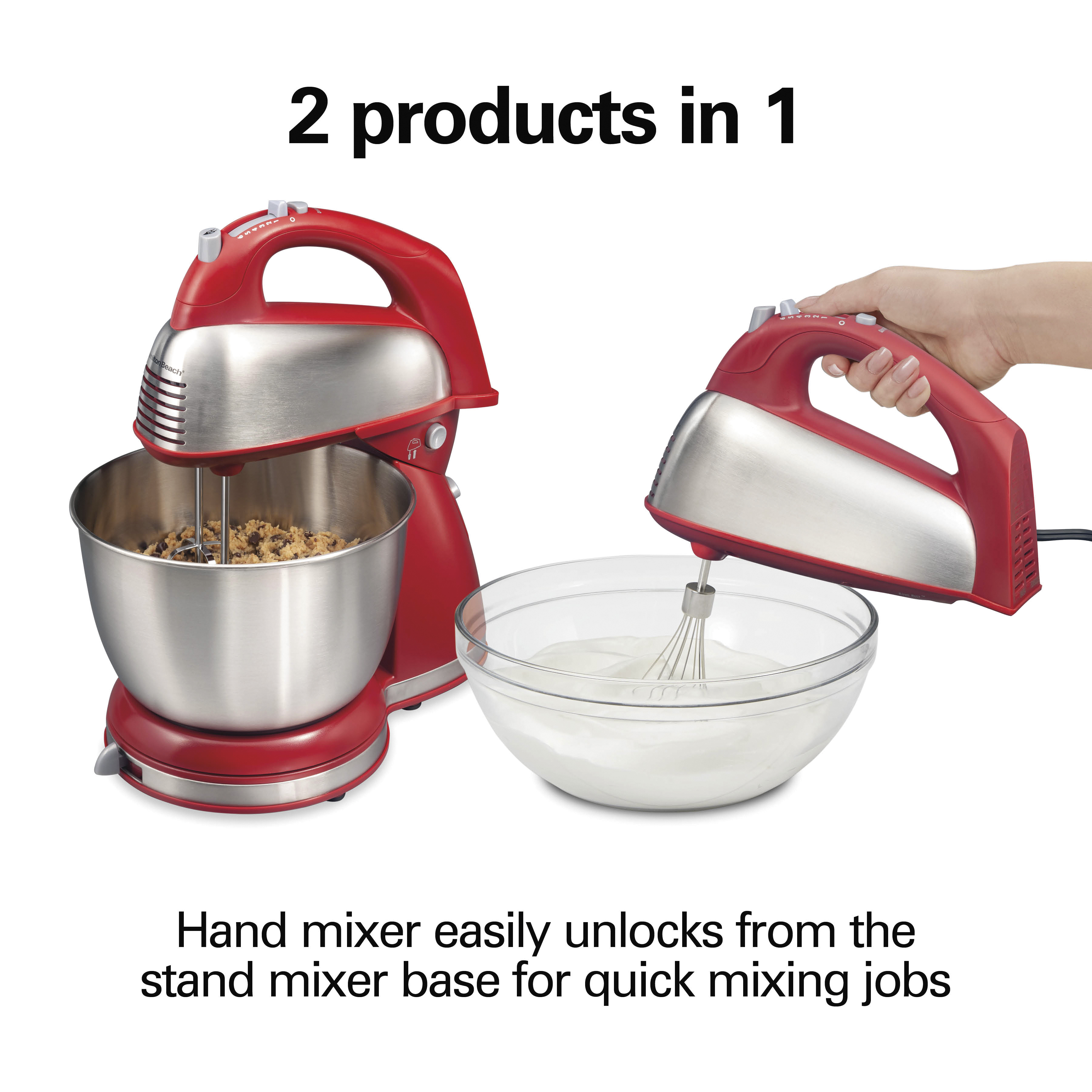 Hamilton Beach Classic Stand and Hand Mixer, 4 Quart Stainless Steel Bowl, 6 Speeds with Quick Burst, Red, 64654 - image 2 of 8