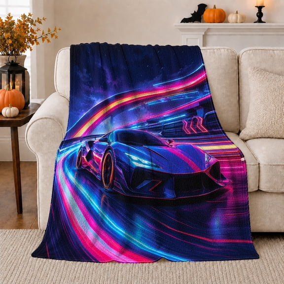 Futuristic Neon Sports Car Digital Art, Cozy Fantasy Scene, Warm Flannel Blanket for Living Room and Bedroom, Celestial Art Lovers Housewarming Gift, Fantasy Home Decor