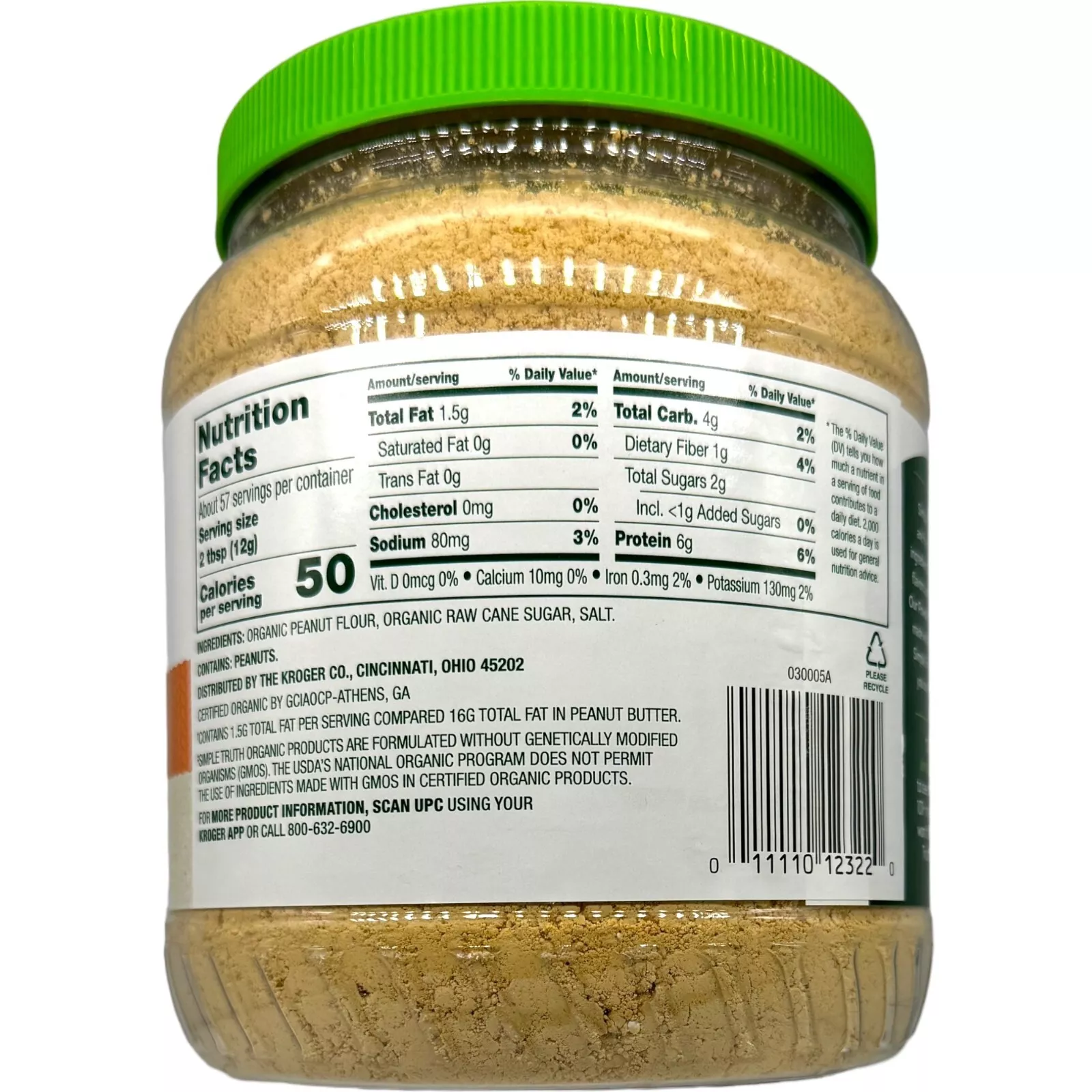 Simple Truth Organic Powdered Peanut Butter 90% Less Fat High Protein 1.5lb Bulk