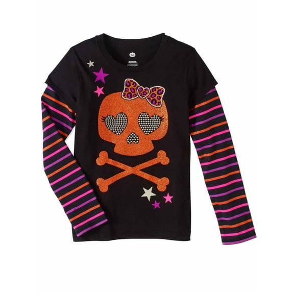 Girls Black Striped Glitter Skull & Crossbones Halloween T-Shirt Tee Shirt XS