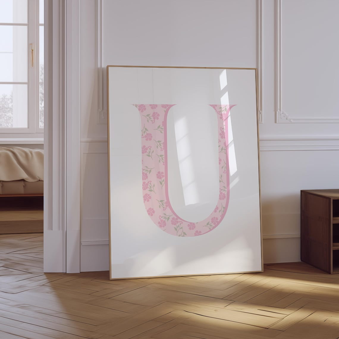 Floral Letter U Light Pink Nursery Unframed Paper Print
