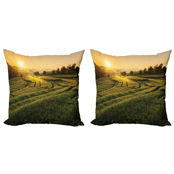 Ambesonne Nature Throw Pillow Cover 2 Pack, Barley Woods Sunset, 16", Green Yellow