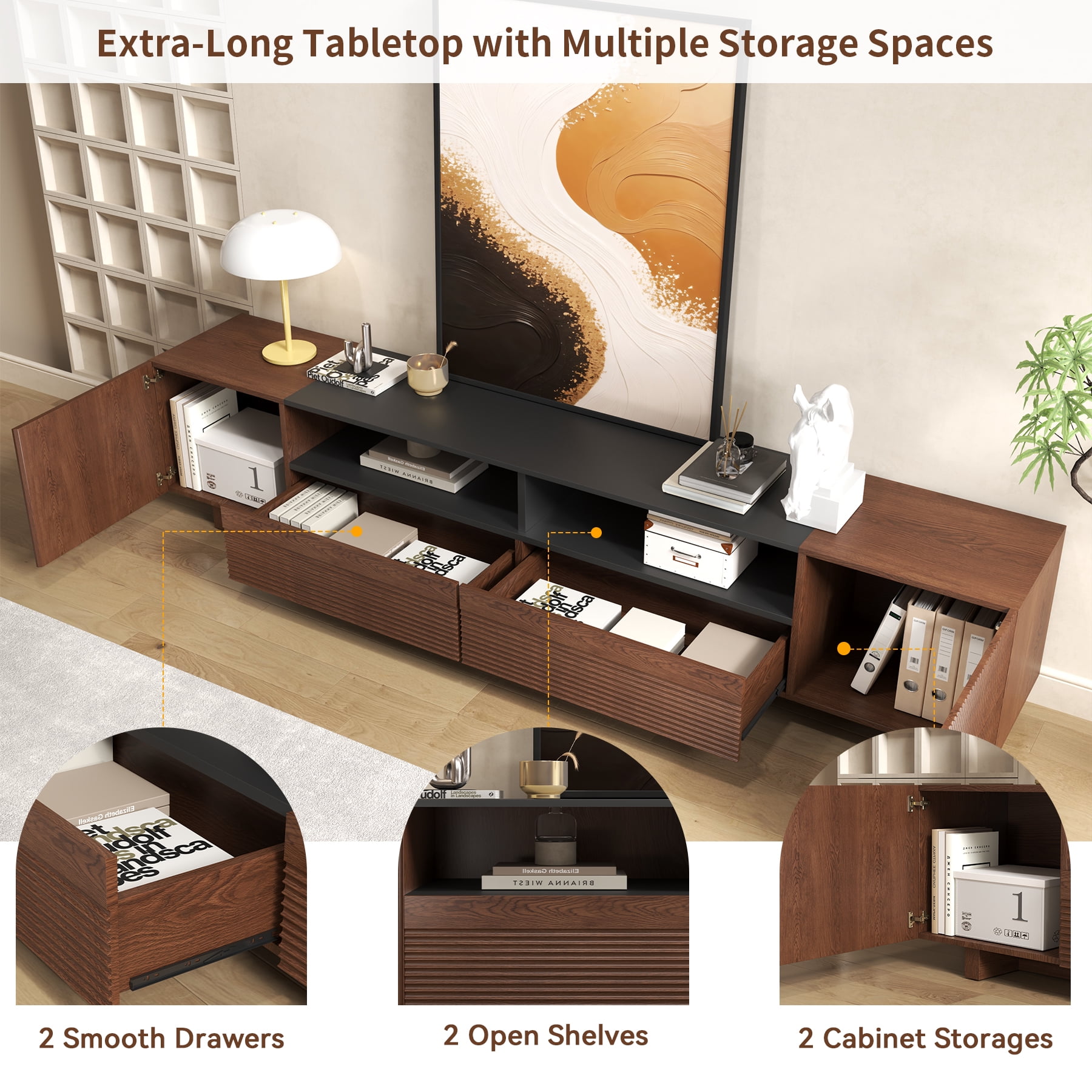 78.8 Inch TV Stand with Storage Cabinets for Living Room, TVs Media Console Entertainment Center with Drawers, Wood Fluted Television Stands with Open Shelves for Bedroom, Dark Brown Walnut