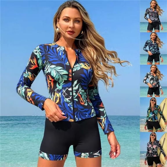 VBVC Women's 2 Piece Zip Front Rash Guard Set , Ladies' Long Sleeve Tropical Bathing Suit , Full Coverage Surfing Swimwear For Women,Sky Blue,S-2XL