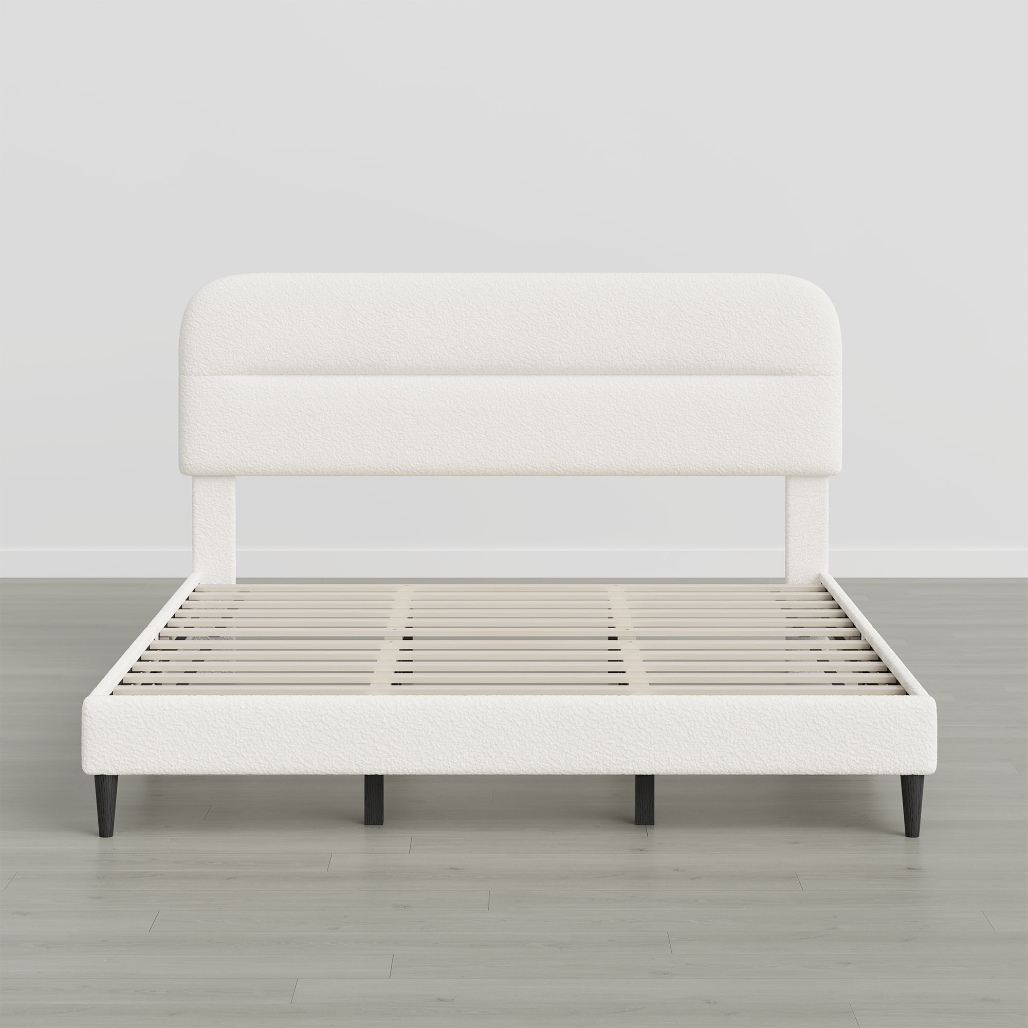 Spruce & Spring Boucle Upholstered Platform Bed Frame with Adjustable Headboard, Wood Slat Support, No Box Spring Needed, Cream, King