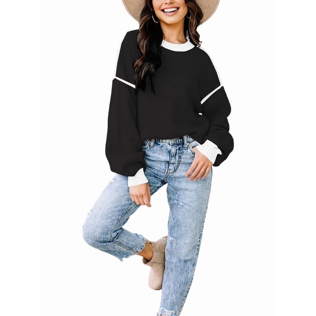 Suéter Holgado de Otoño para Mujer, Moderno Jersey de Punto A Rayas con Mangas Murciélago y Bloques de Color. Negro M