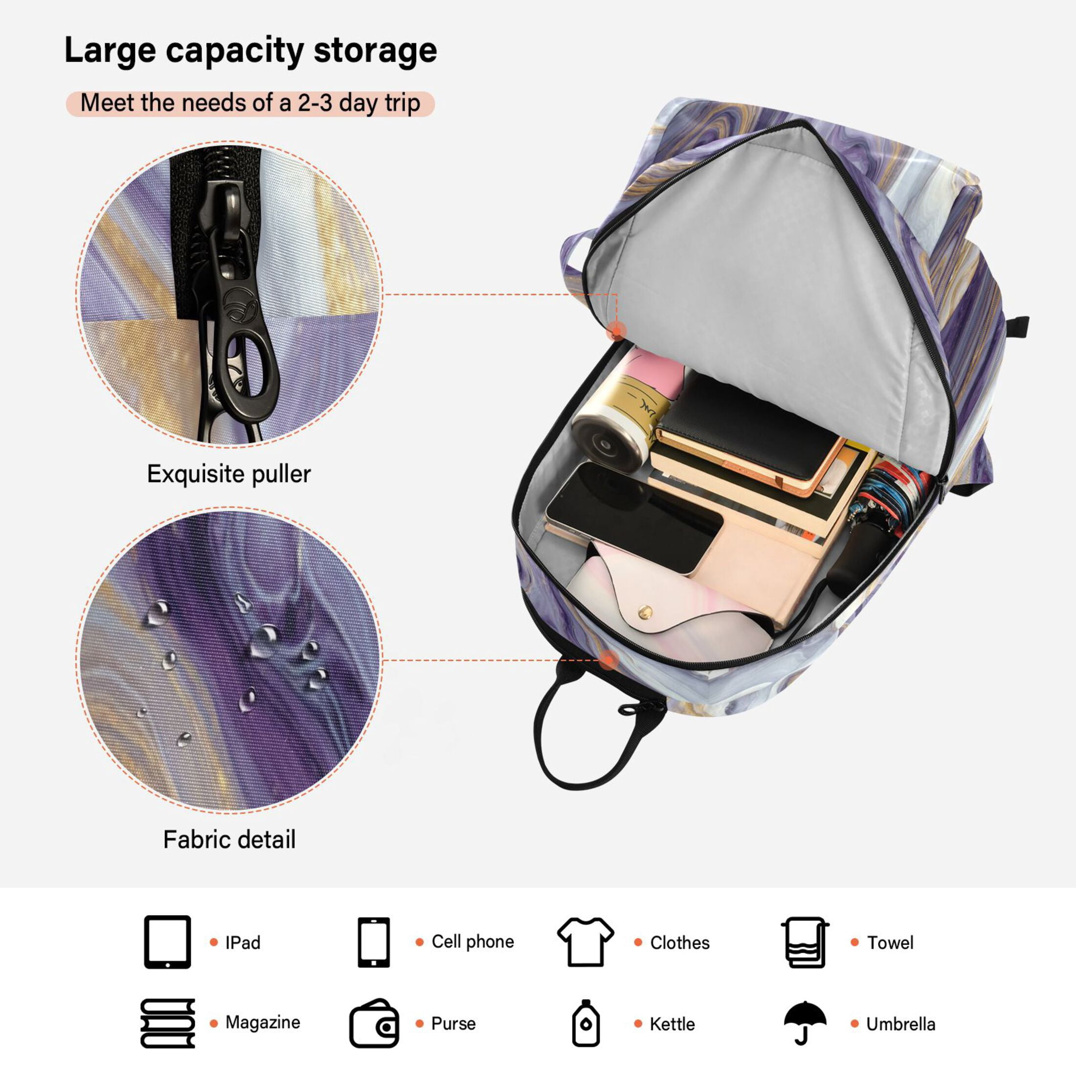 2 Racquet Holder Tennis Backpack Tennis Racket Covers Gym Bags Purple Marble Pattern