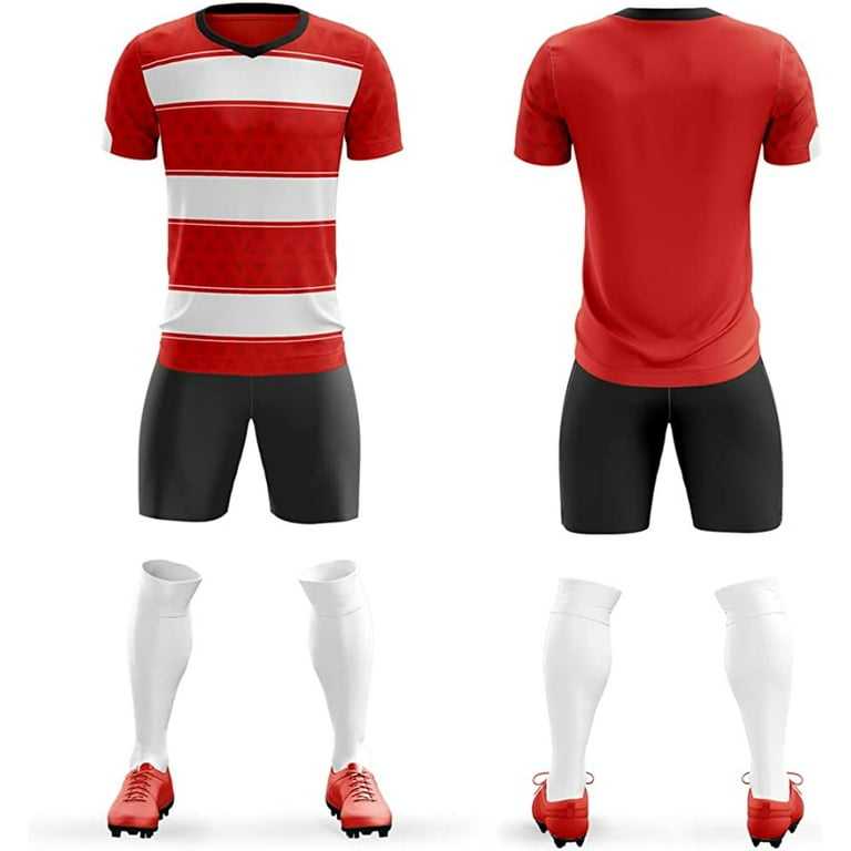 Sublimation Soccer Jerseys Red Striped Design Full Kits Shirts And Shorts  For Women Wholesale