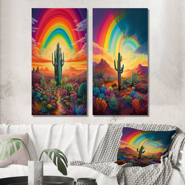 Designart "Cactus in Desert under Bright Rainbow II" Cactus Wall Art Set Of 2 - Traditional Multicolor Gallery Set For Office Decor