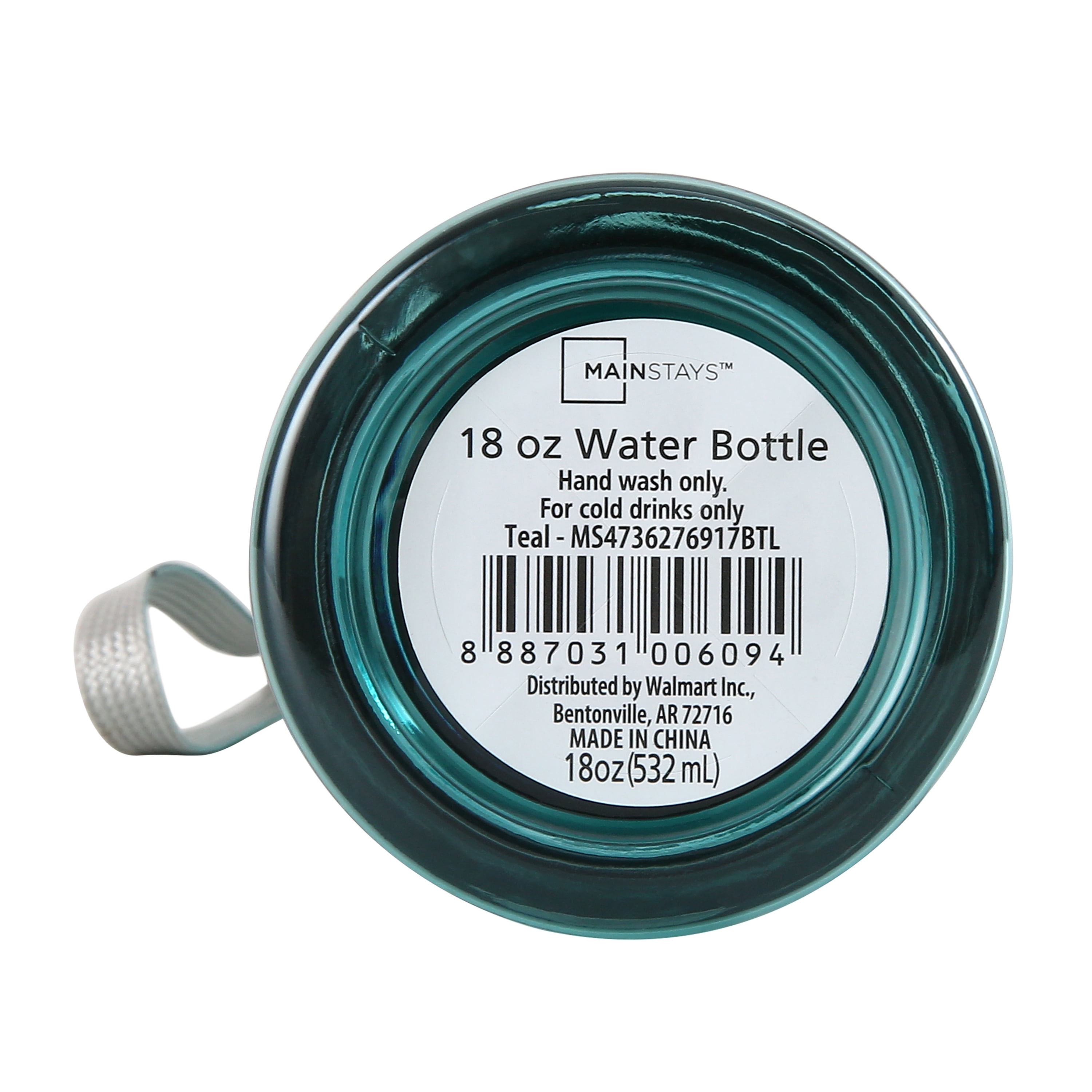 Mainstays 18 oz Plastic Teal Water Bottle Stainless Steel Screw Cap Lid with Strap, 1 Each Included