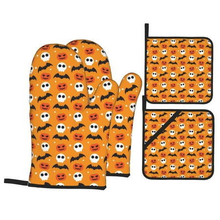 

PUREYAH Oven Mitts And Pot Holders Sets Kitchen Halloween Cartoon Pumpkin Bat Oven Gloves Hot Pads Heat Resistant 4 Pieces