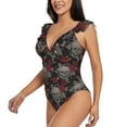 thumbnail image 3 of Yiaed Skull and Red Roses Print Women's Ruffled One Piece Swimsuit V Neck Swimwear Slimming Monokini for Woman-Large, 3 of 8